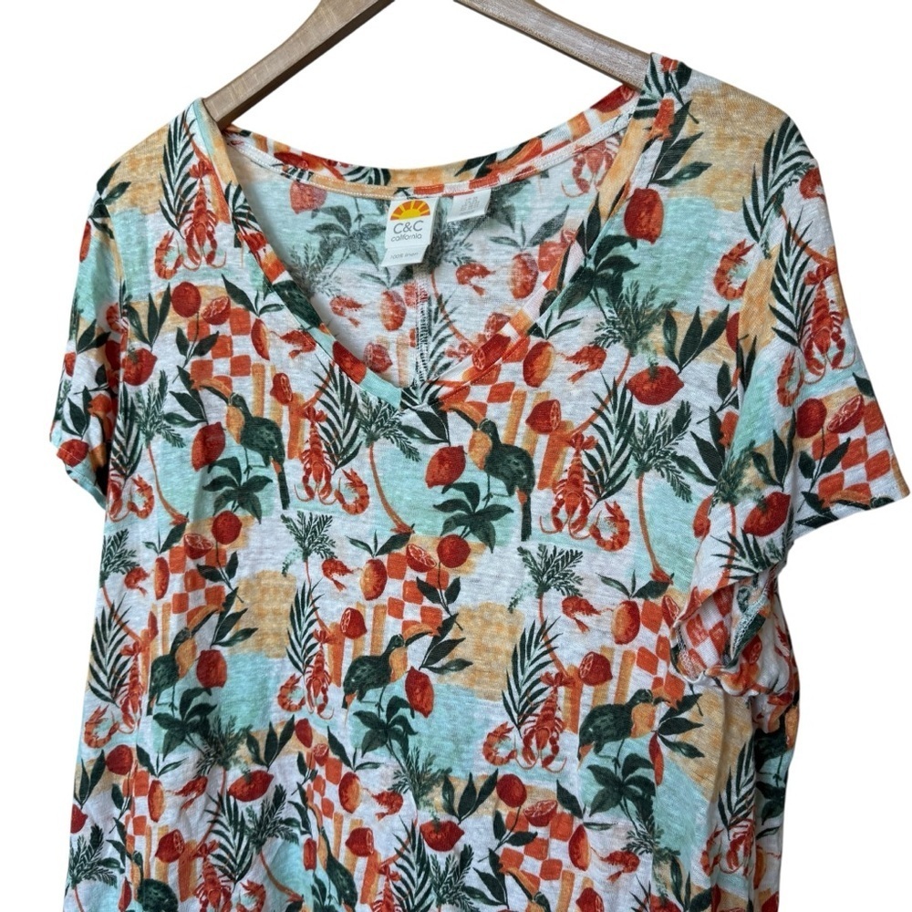 C&C California Women's 2XL Lobster Citrus V-Neck Shirt 100% Linen Summer Casual